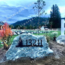 Load image into Gallery viewer, Metal house numbers, plaque, housewarming, address sign, Custom metal address sign, custom street address sign, wall, Rock, tree, pines