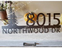 Load image into Gallery viewer, Metal house numbers, plaque, housewarming, address sign, Custom metal address sign, custom street address sign, wall, Rock, tree, pines