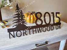Load image into Gallery viewer, Metal house numbers, plaque, housewarming, address sign, Custom metal address sign, custom street address sign, wall, Rock, tree, pines