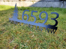 Load image into Gallery viewer, Metal house numbers, plaque, housewarming, address sign, Custom metal address sign, custom street address sign, wall, Rock, tree, pines