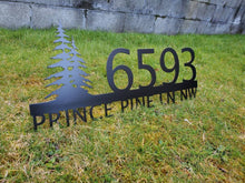 Load image into Gallery viewer, Metal house numbers, plaque, housewarming, address sign, Custom metal address sign, custom street address sign, wall, Rock, tree, pines