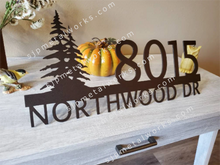 Load image into Gallery viewer, Metal house numbers, plaque, housewarming, address sign, Custom metal address sign, custom street address sign, wall, Rock, tree, pines
