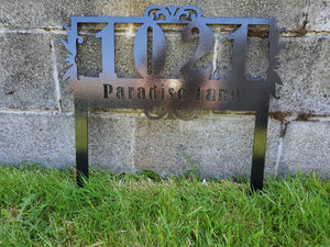 Custom metal ornate address sign yard stake