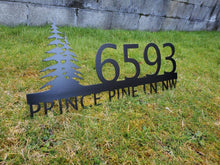 Load image into Gallery viewer, Metal house numbers, plaque, housewarming, address sign, Custom metal address sign, custom street address sign, wall, Rock, tree, pines
